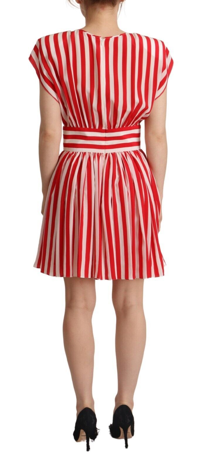 Red White Stripes Silk Mini A-line Dress - ventzia