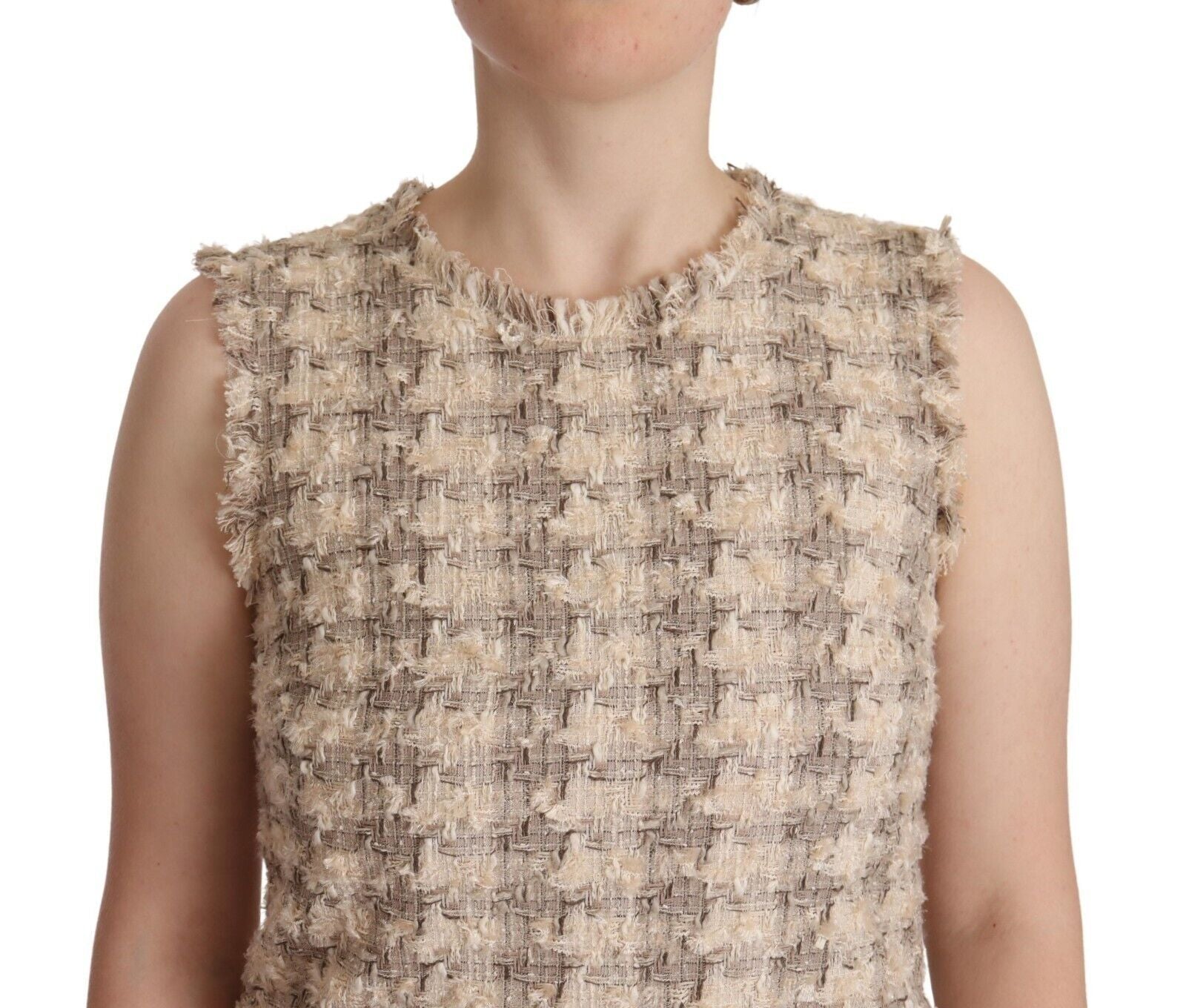 Beige Checkered Sleeveless Mini Shift Dress - ventzia