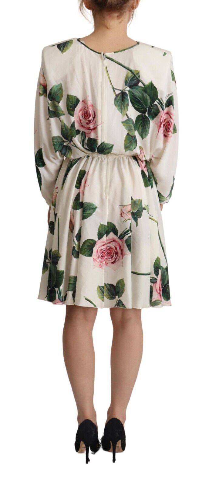 White Rose Print Long Sleeves A-line Dress - ventzia