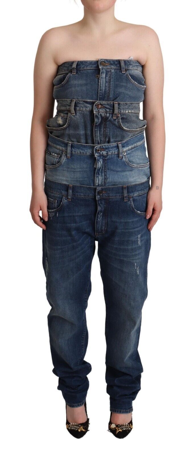 Dark Blue Cotton Strapless Denim Jumpsuit Dress - ventzia