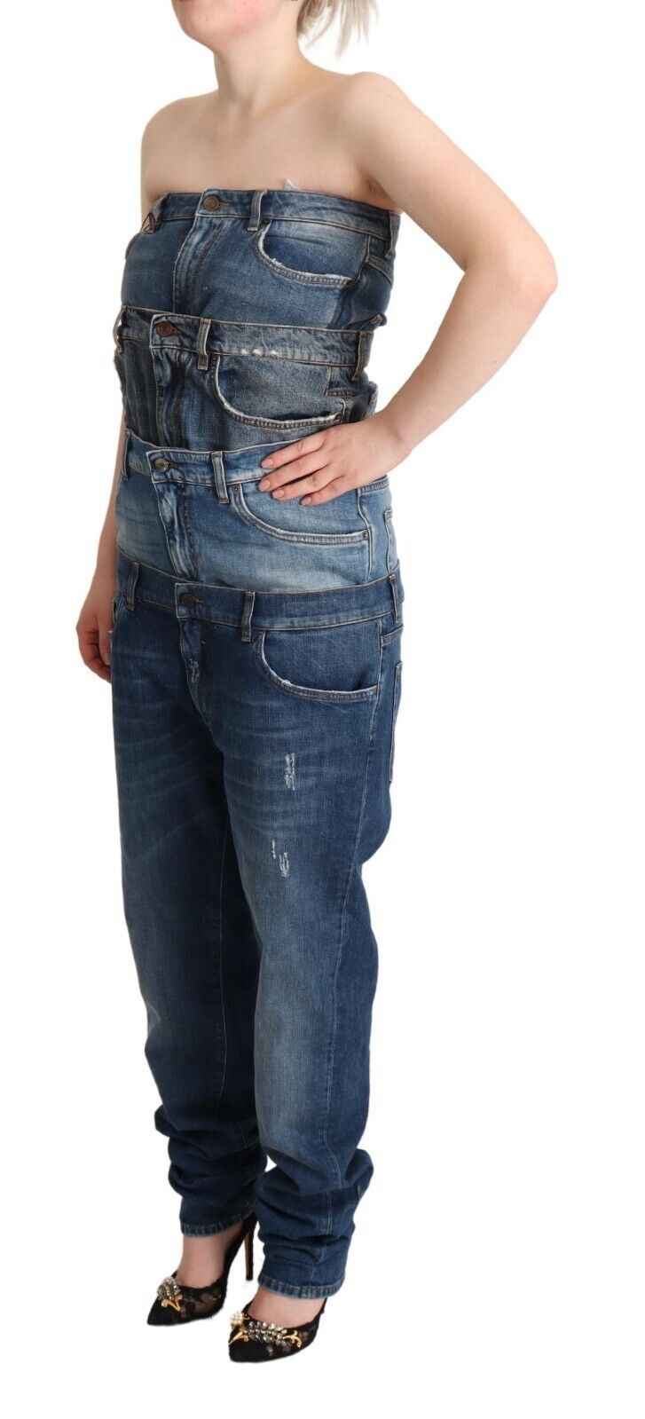 Dark Blue Cotton Strapless Denim Jumpsuit Dress - ventzia