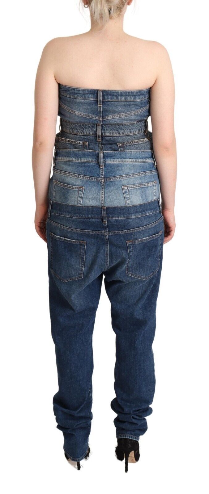 Dark Blue Cotton Strapless Denim Jumpsuit Dress - ventzia