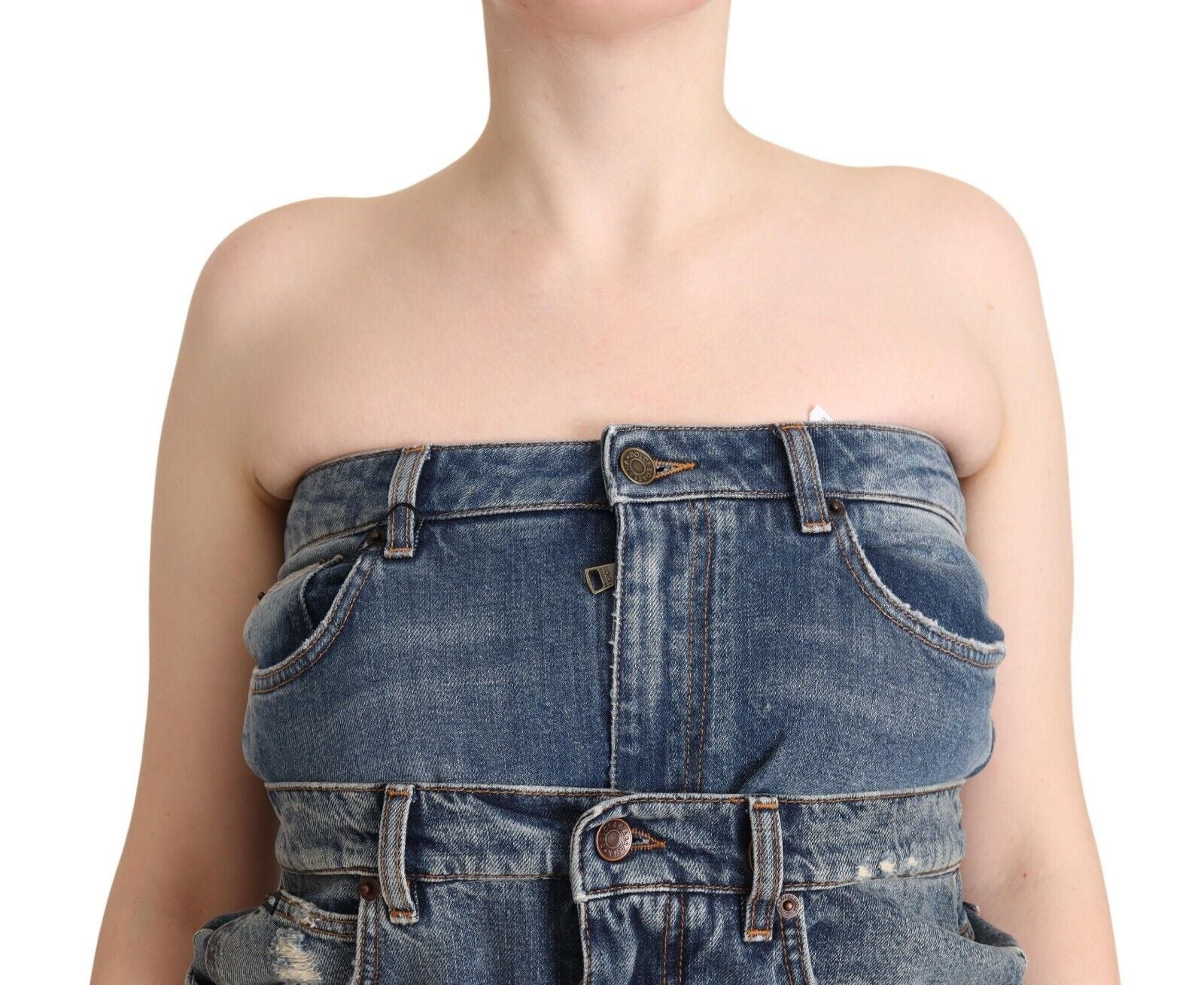 Dark Blue Cotton Strapless Denim Jumpsuit Dress - ventzia