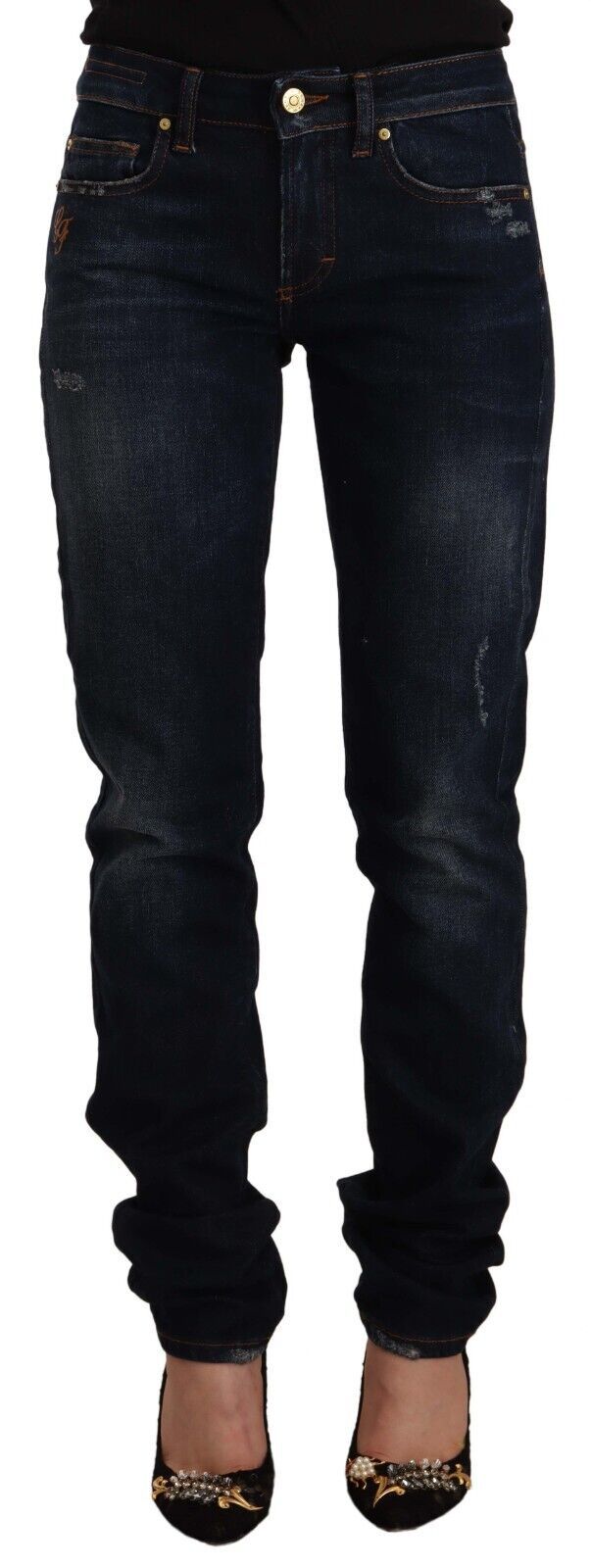 Dark Blue Washed Mid Waist Cotton Denim Skinny Jeans - ventzia