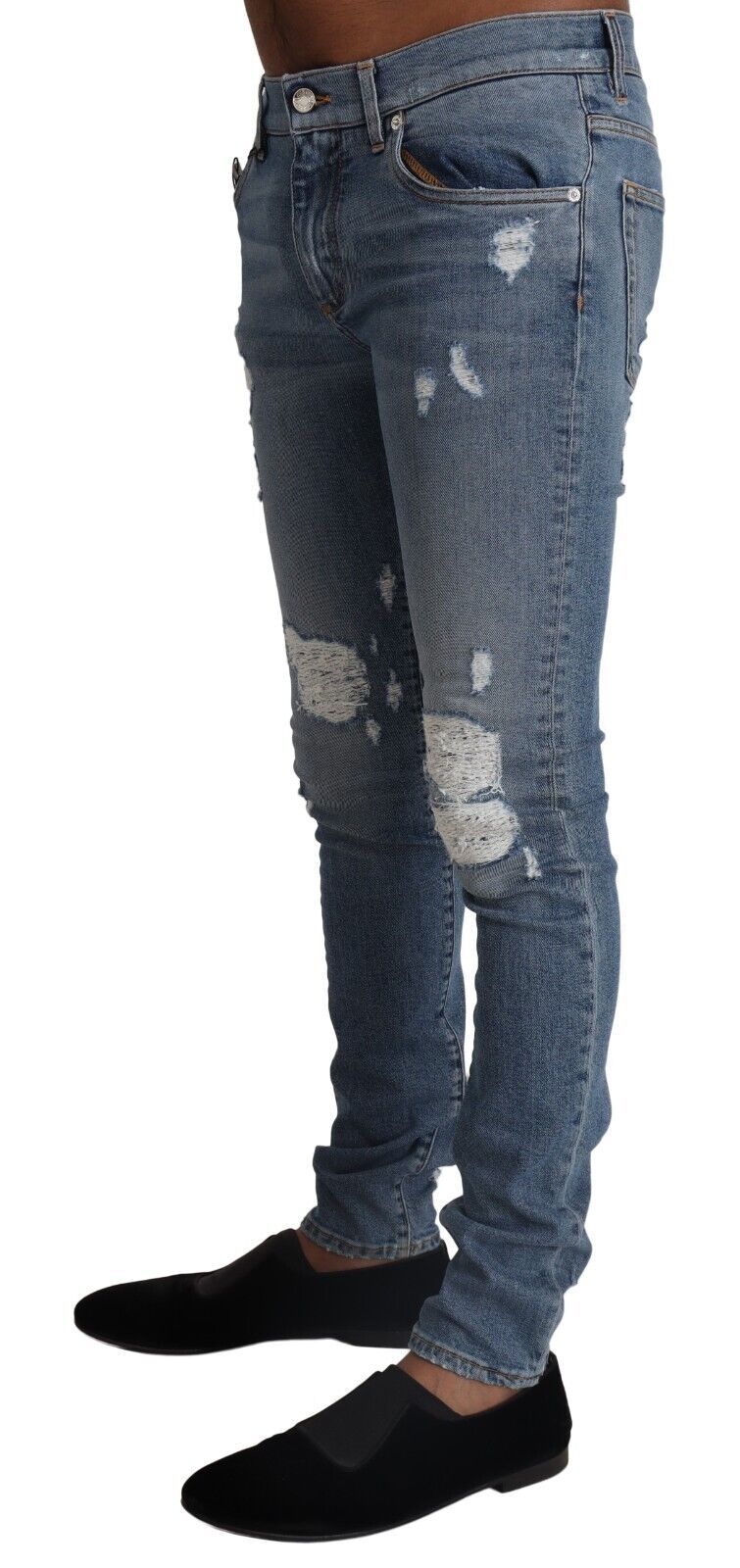 Light Blue Tattered Cotton Denim Skinny Jeans - ventzia