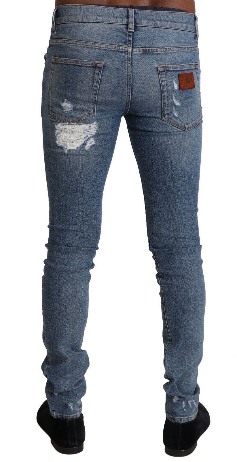 Light Blue Tattered Cotton Denim Skinny Jeans - ventzia