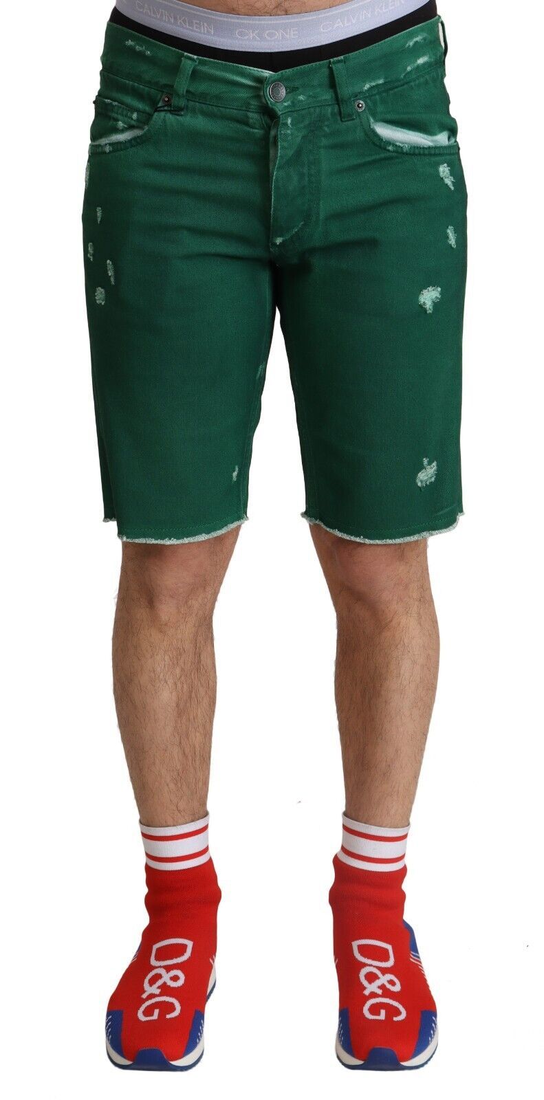Green Tattered Cotton Men Denim Bermuda Shorts - ventzia