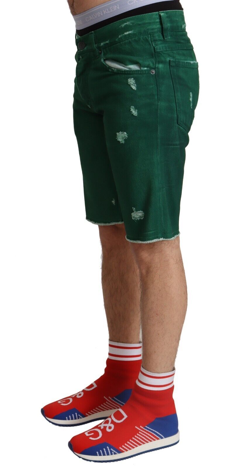 Green Tattered Cotton Men Denim Bermuda Shorts - ventzia