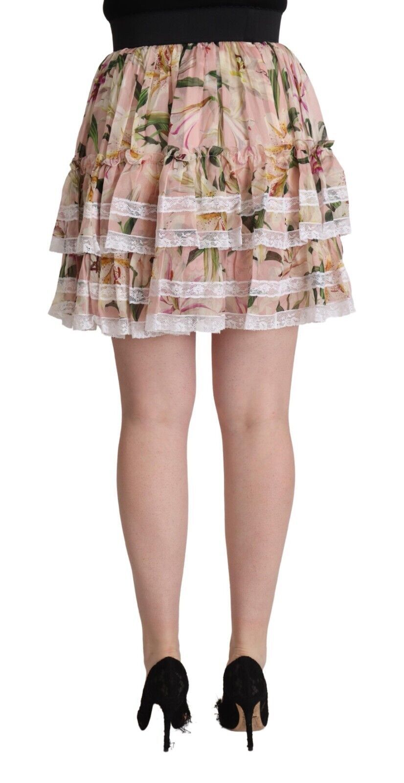 Pink Lily Print Silk Mini Tiered A-line Skirt - ventzia