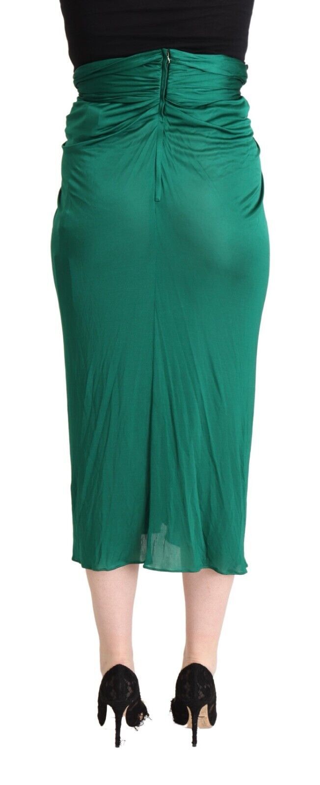 Dark Green High Waist Midi Pencil Cut Pleated Skirt - ventzia