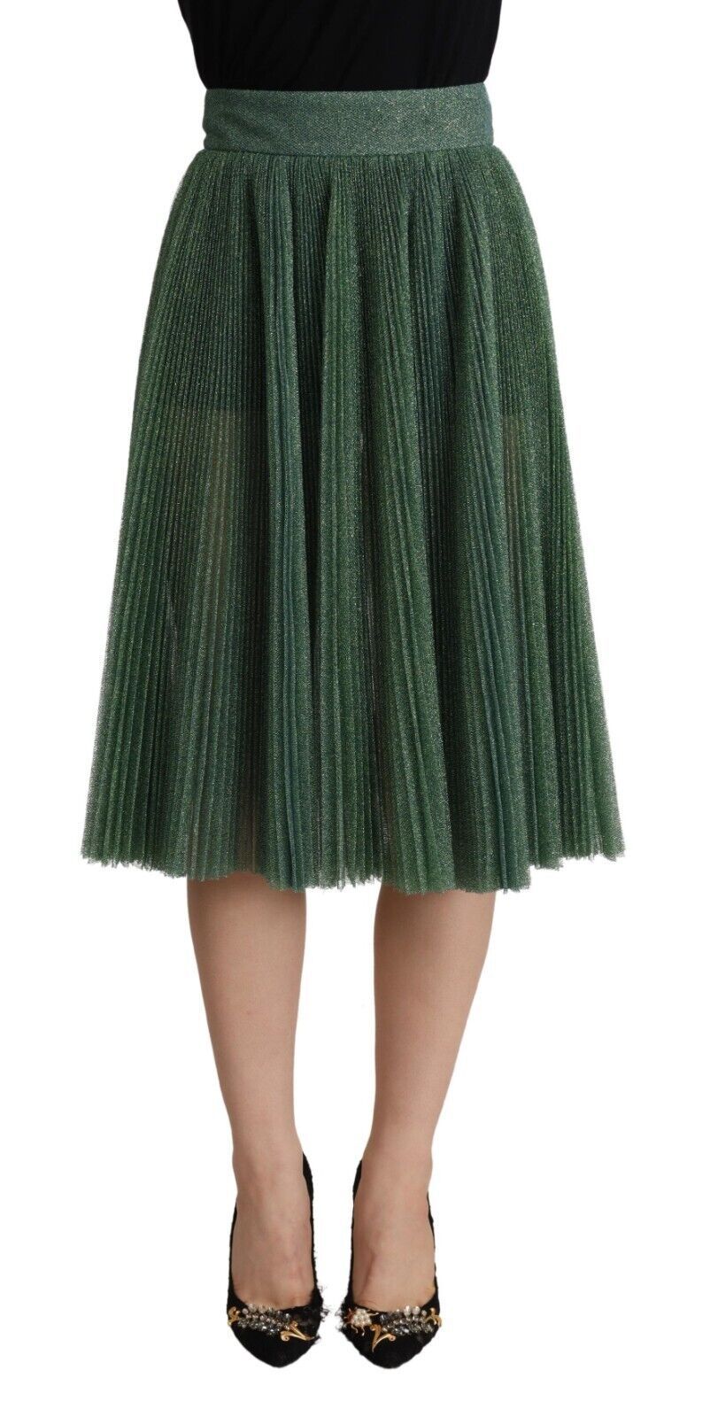 Metallic Green High Waist A-line Pleated Skirt - ventzia