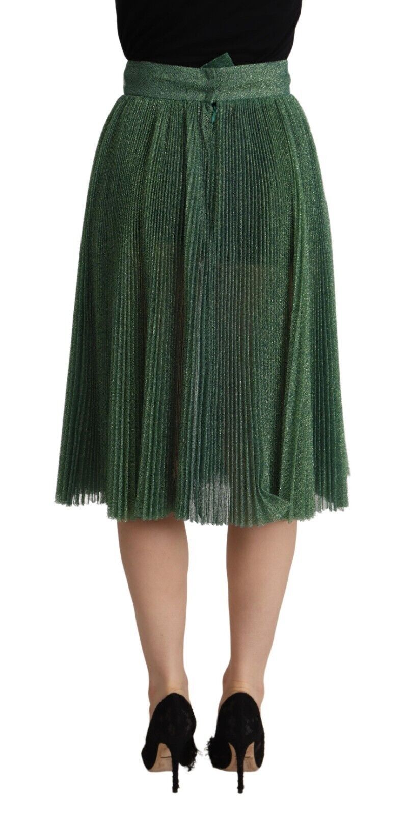 Metallic Green High Waist A-line Pleated Skirt - ventzia