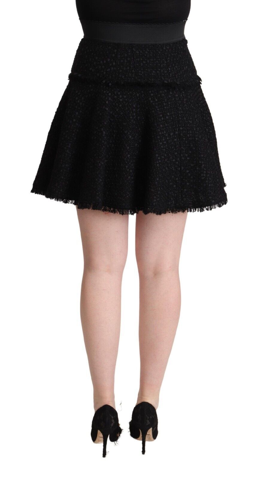 Black Knitted Nylon High Waist Mini A-line Skirt - ventzia