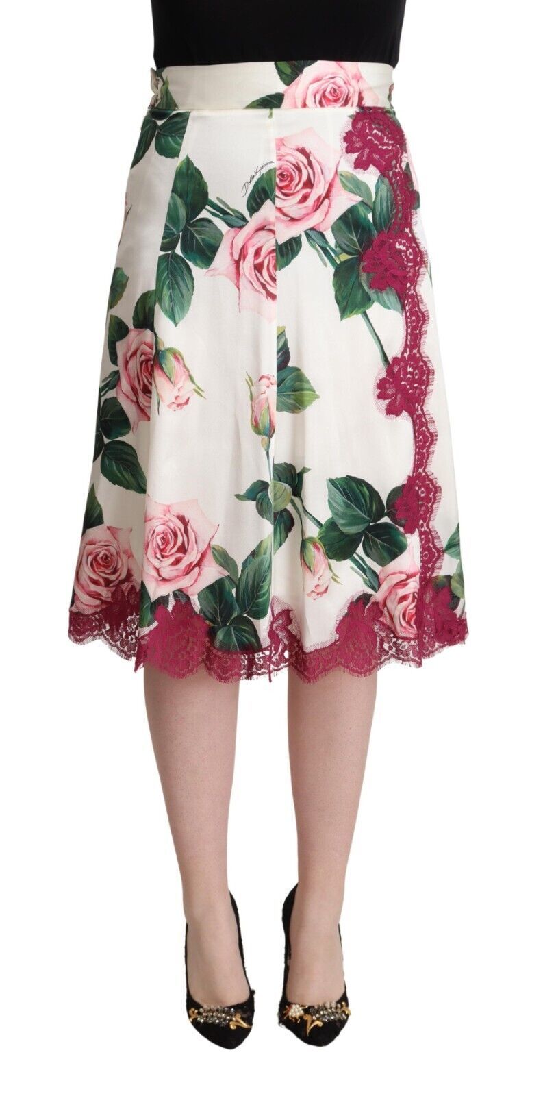White Rose Print High Waist Midi A-line Skirt - ventzia