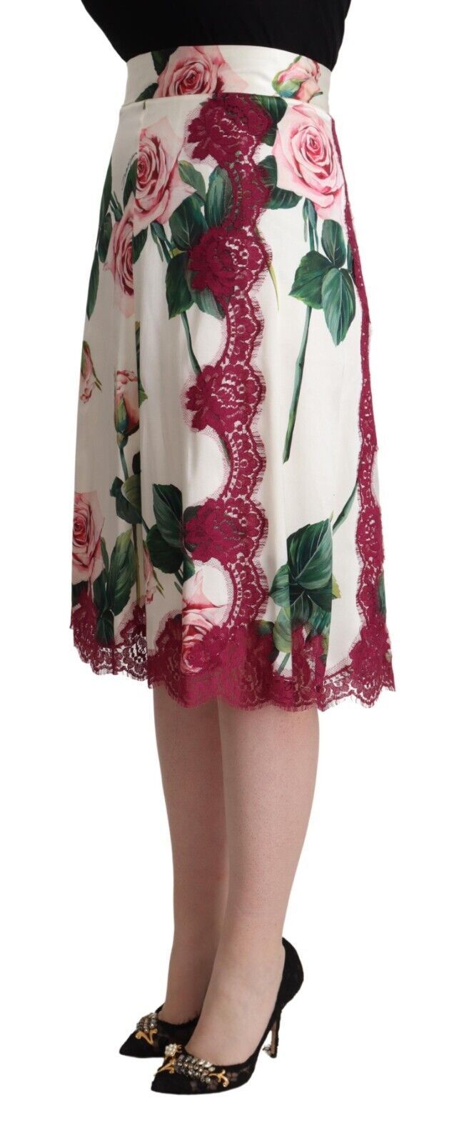 White Rose Print High Waist Midi A-line Skirt - ventzia