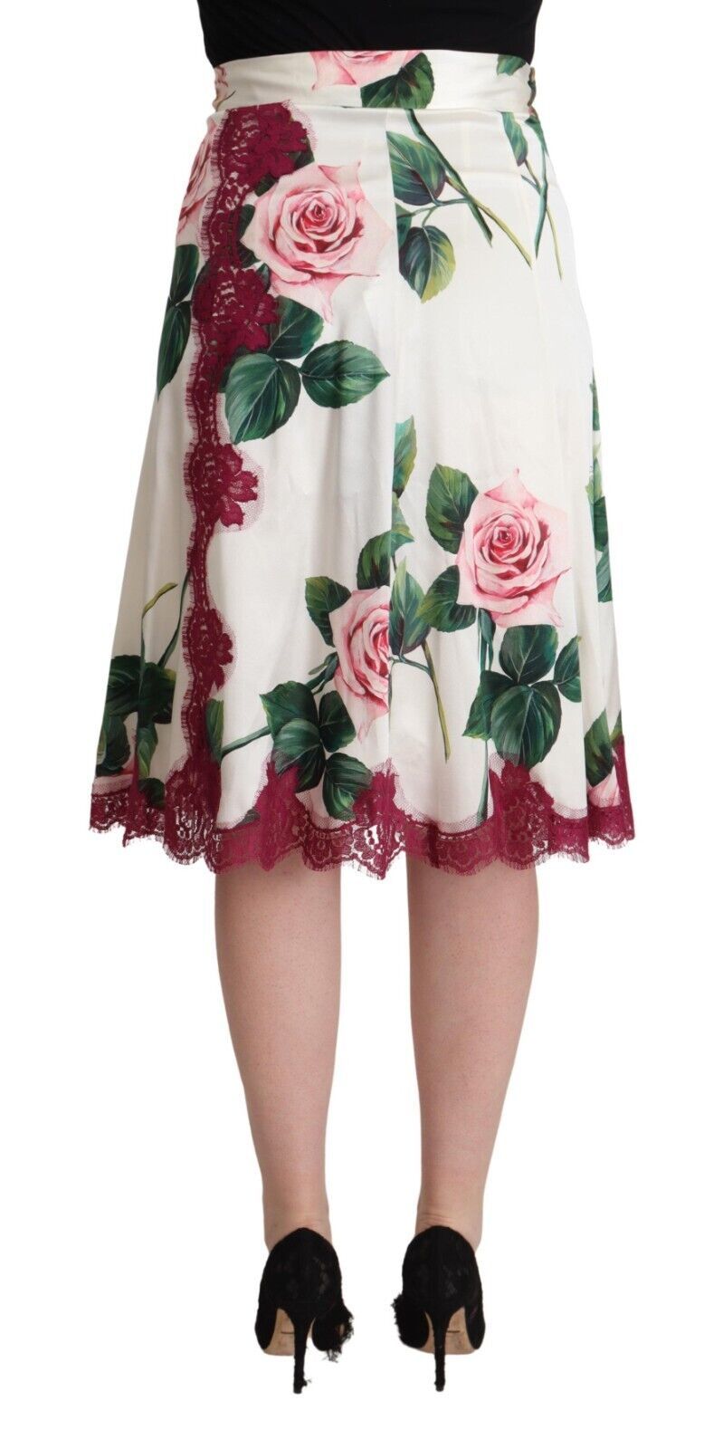 White Rose Print High Waist Midi A-line Skirt - ventzia