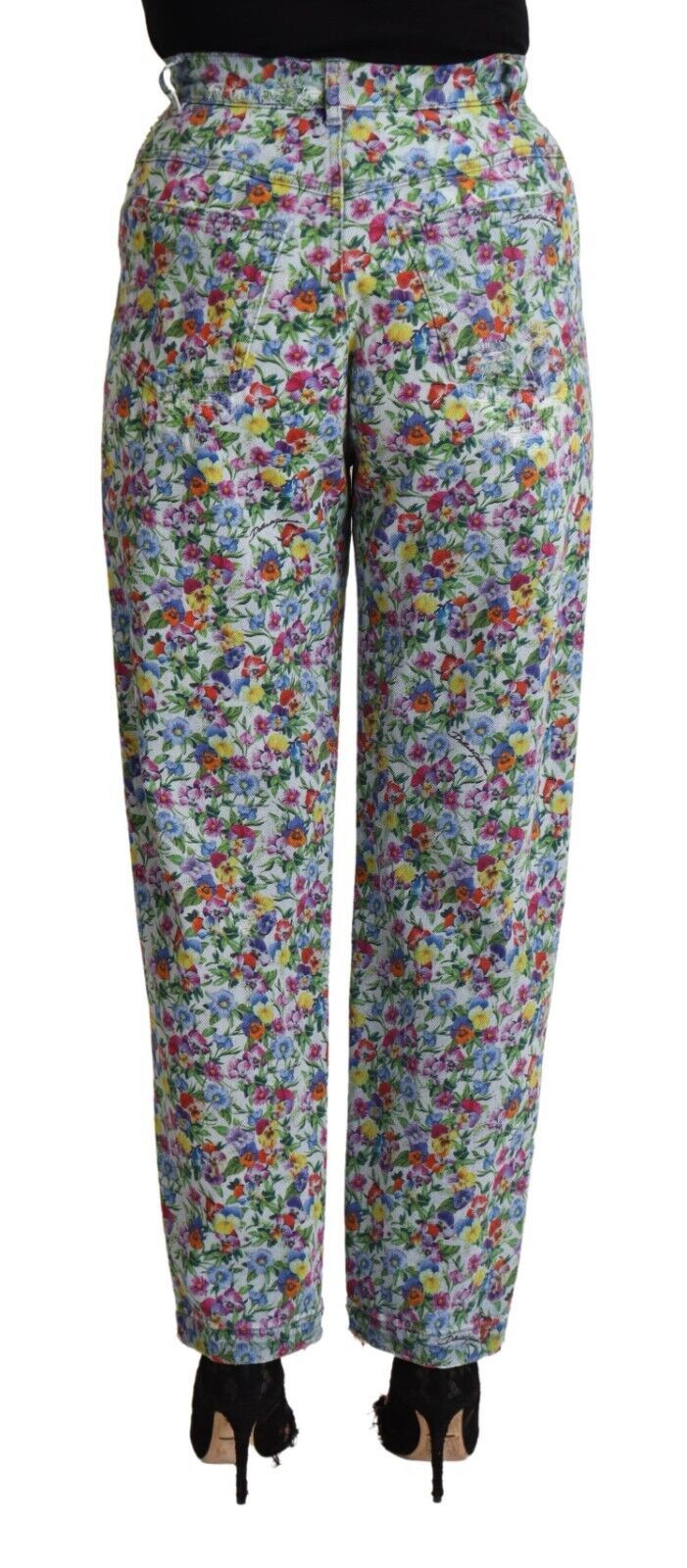 Blue Floral Print High Waist Denim Tapered Jeans - ventzia