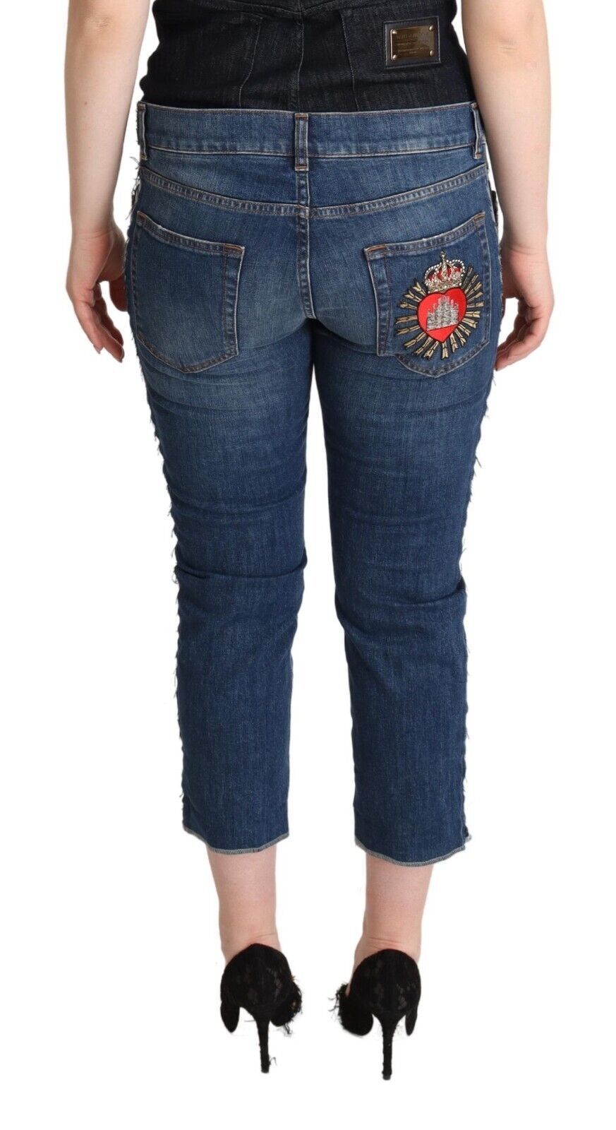 Blue Washed Mid Waist Denim Logo Cropped Jeans - ventzia