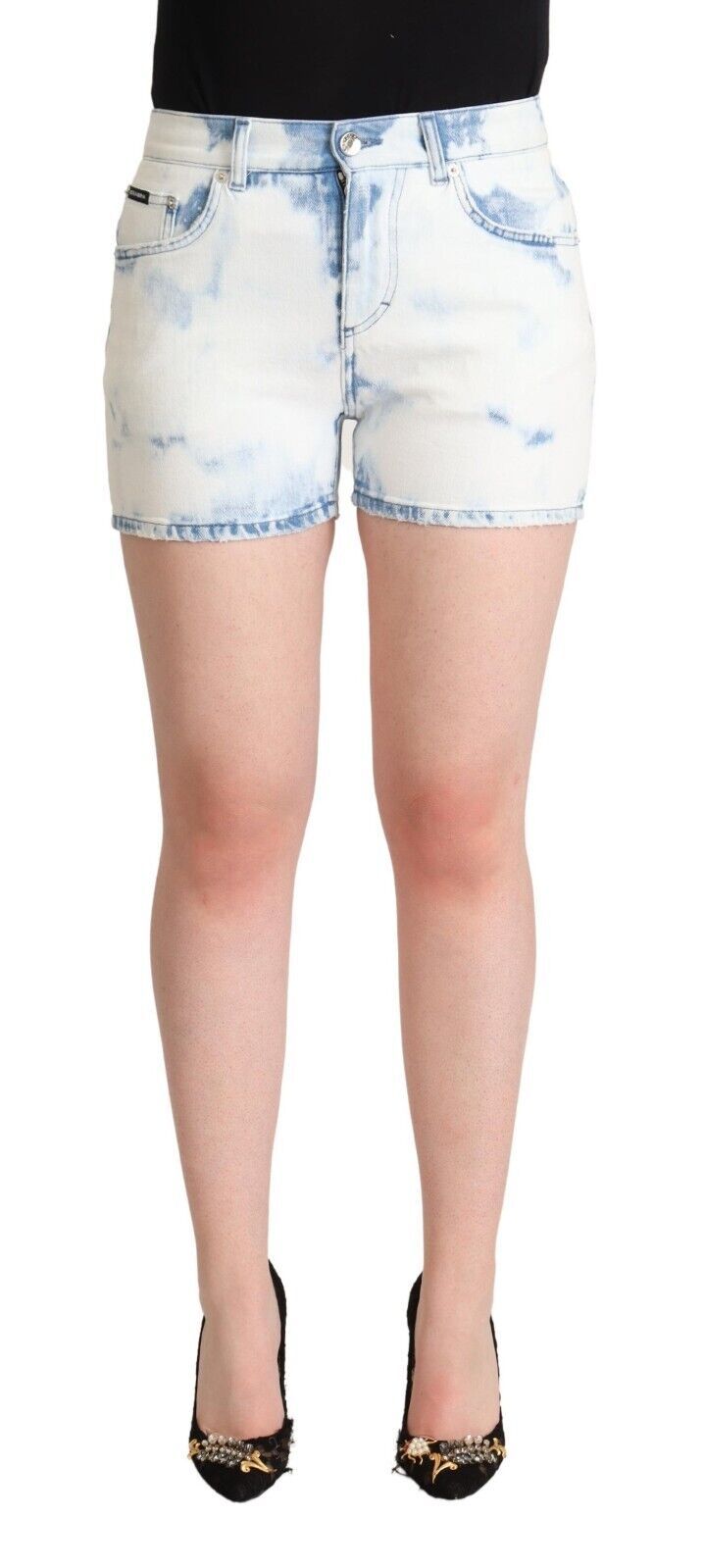 White Blue Dye Cotton Mid Waist Denim Shorts - ventzia