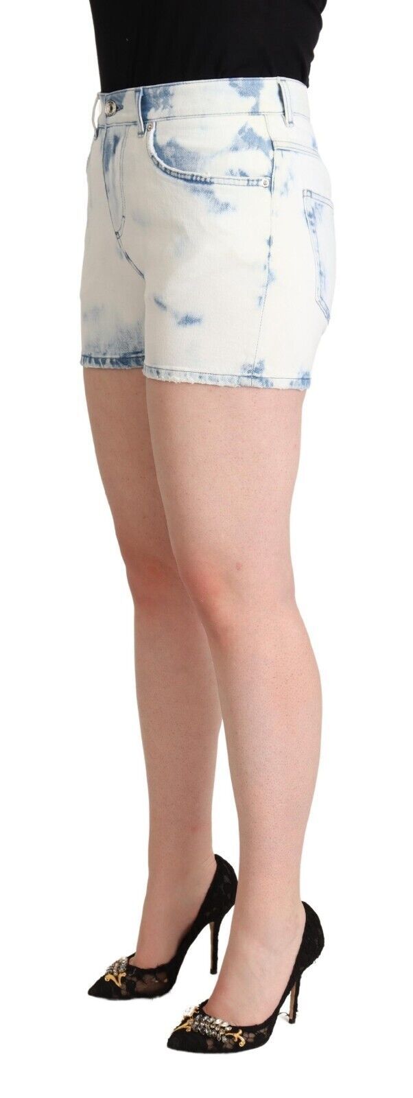 White Blue Dye Cotton Mid Waist Denim Shorts - ventzia