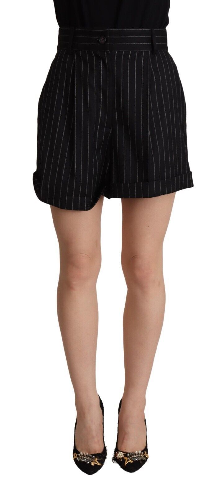 Black Stripes Wool High Waist Trouser Bermuda Shorts - ventzia