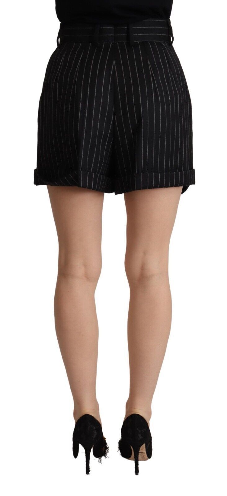 Black Stripes Wool High Waist Trouser Bermuda Shorts - ventzia