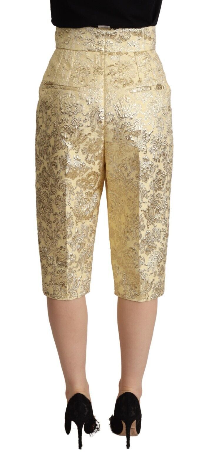 Beige Floral Brocade High Waist Trouser Cropped Pants - ventzia