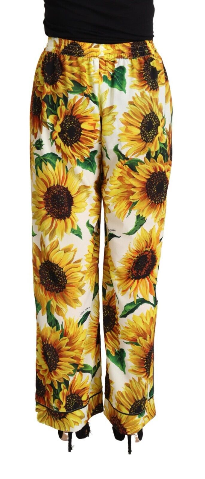 White Sunflower Print Mid Waist Wide Leg Pants - ventzia