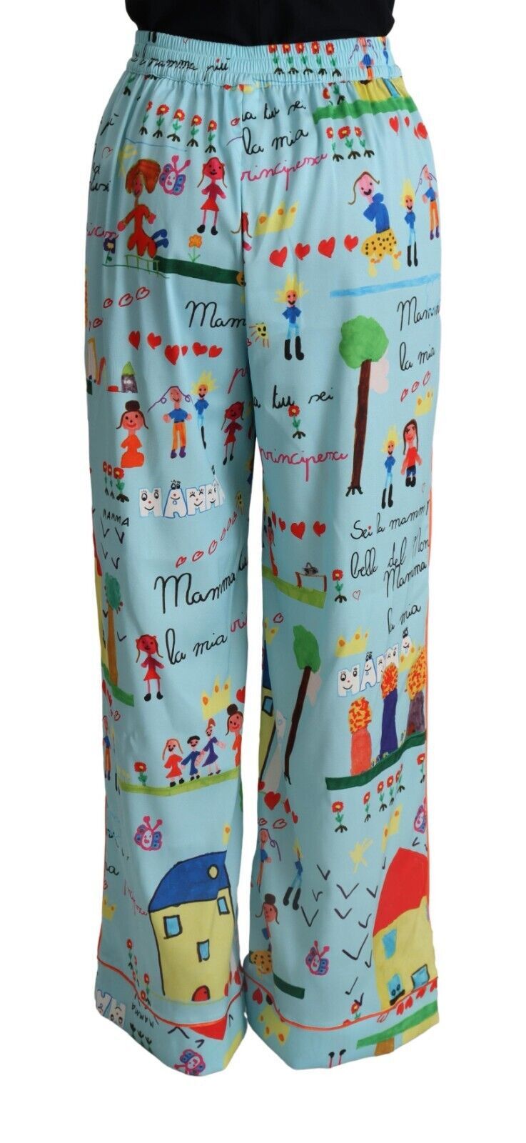 Light Blue Drawing Mid Waist Wide Leg Pants - ventzia