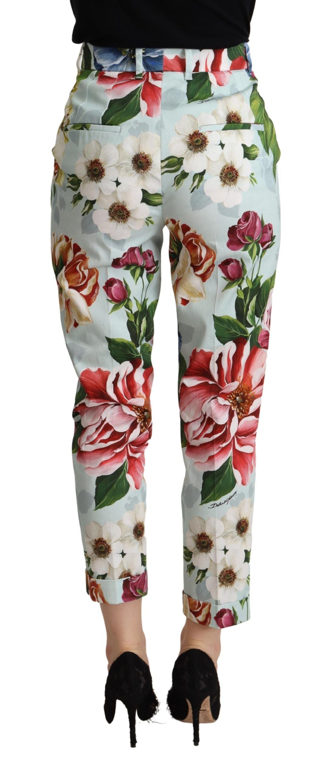 Light Blue Fiori Print Cotton Trouser Tapered Pants - ventzia