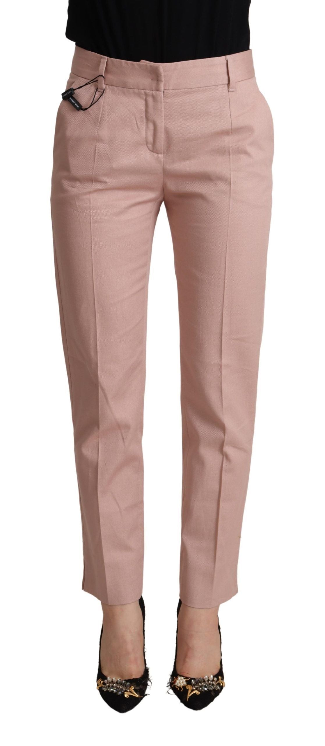 Pink Cotton Mid Waist Trouser Tapered Pants - ventzia