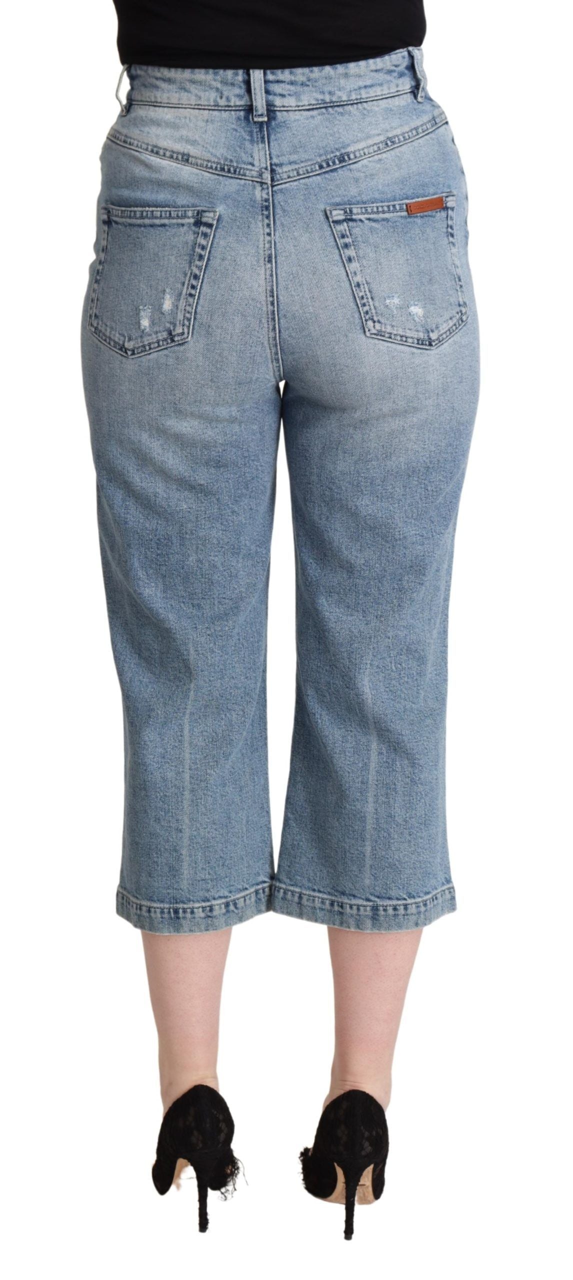 Blue Tattered Cotton Denim Capri Cropped Jeans - ventzia