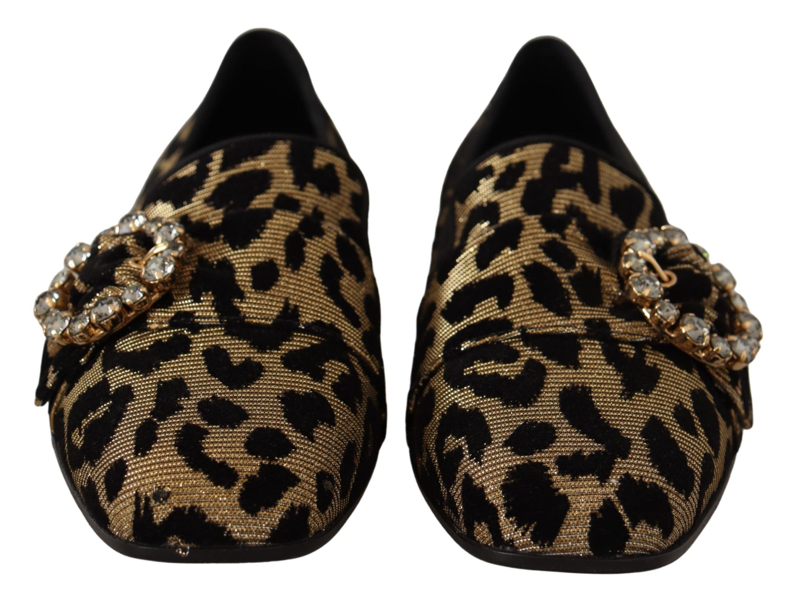 Gold Leopard Print Crystals Loafers Shoes - ventzia