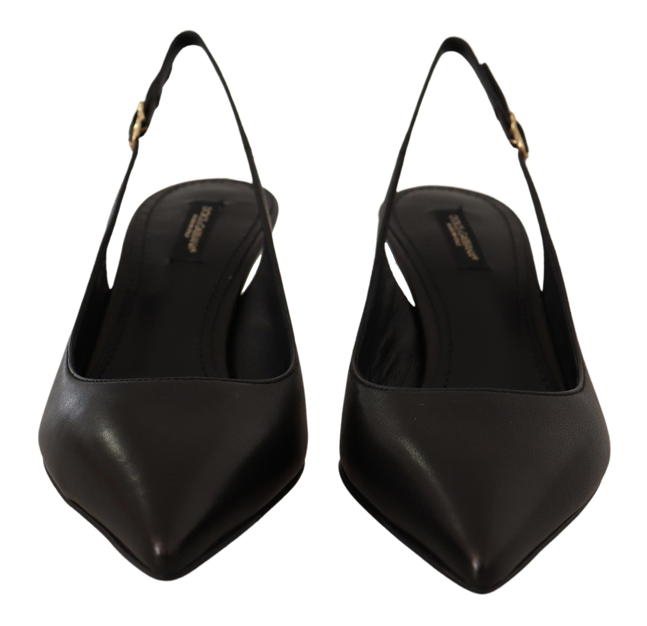 Black Leather Slingbacks Heels Pumps Shoes - ventzia