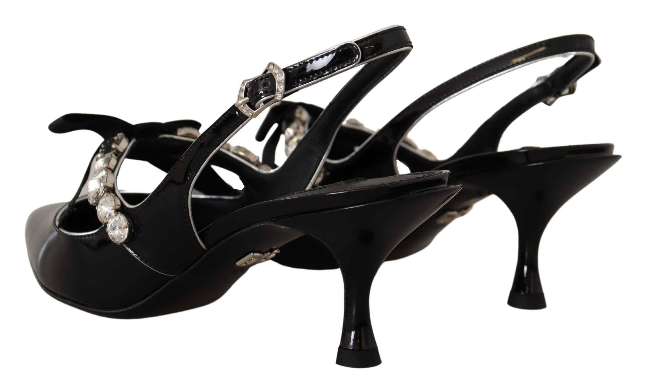 Black Patent Leather Crystal Slingbacks Shoes - ventzia