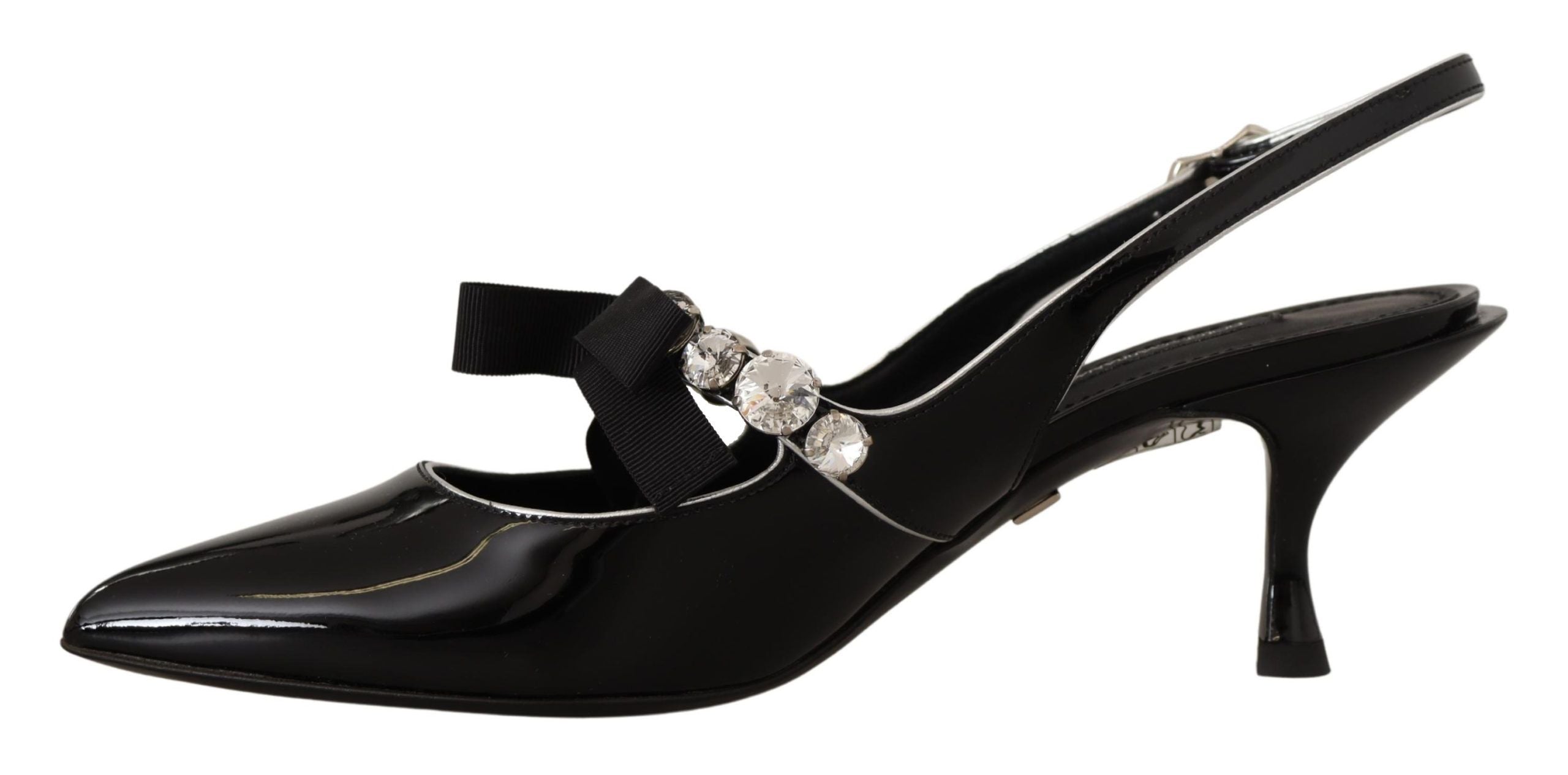 Black Patent Leather Crystal Slingbacks Shoes - ventzia