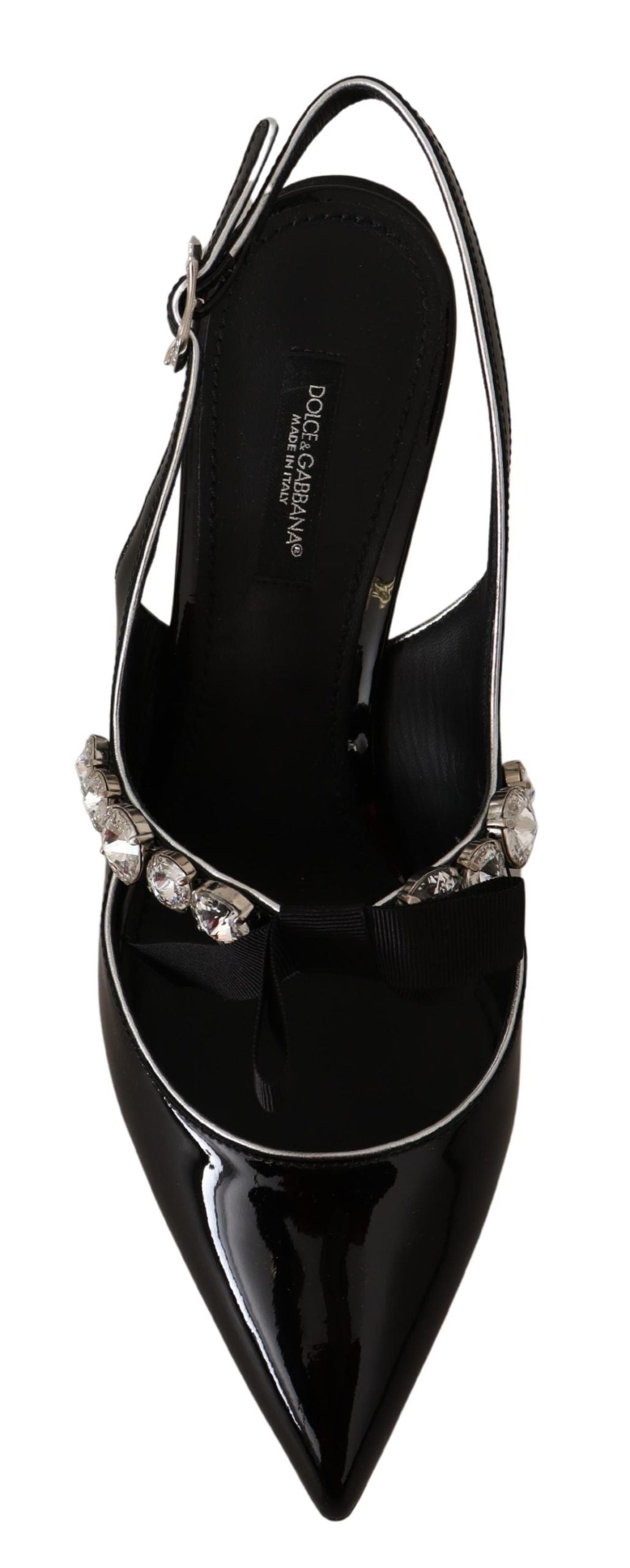 Black Patent Leather Crystal Slingbacks Shoes - ventzia