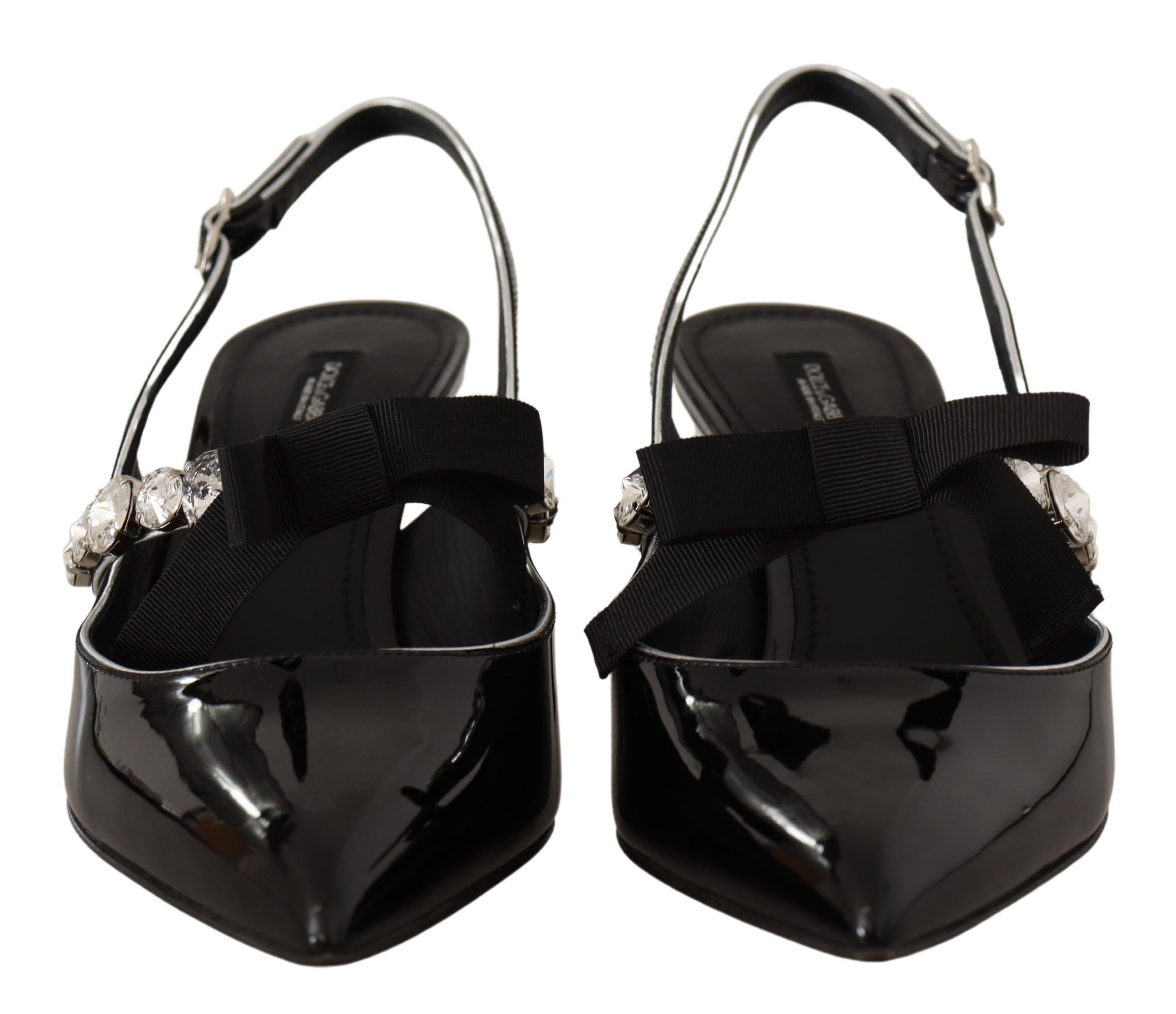 Black Patent Leather Crystal Slingbacks Shoes - ventzia