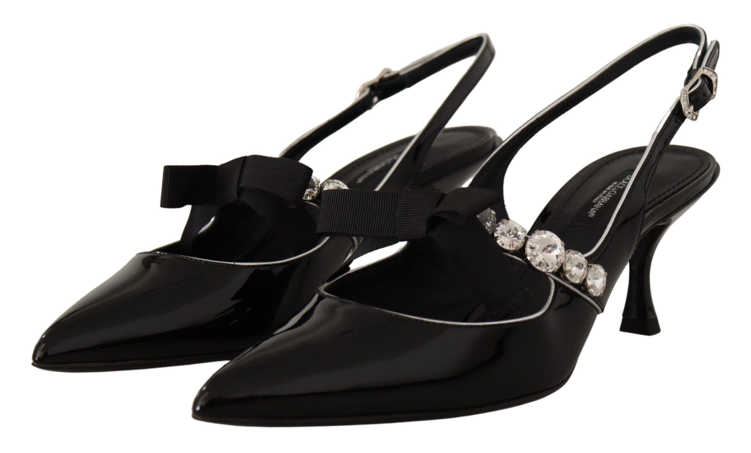 Black Patent Leather Crystal Slingbacks Shoes - ventzia
