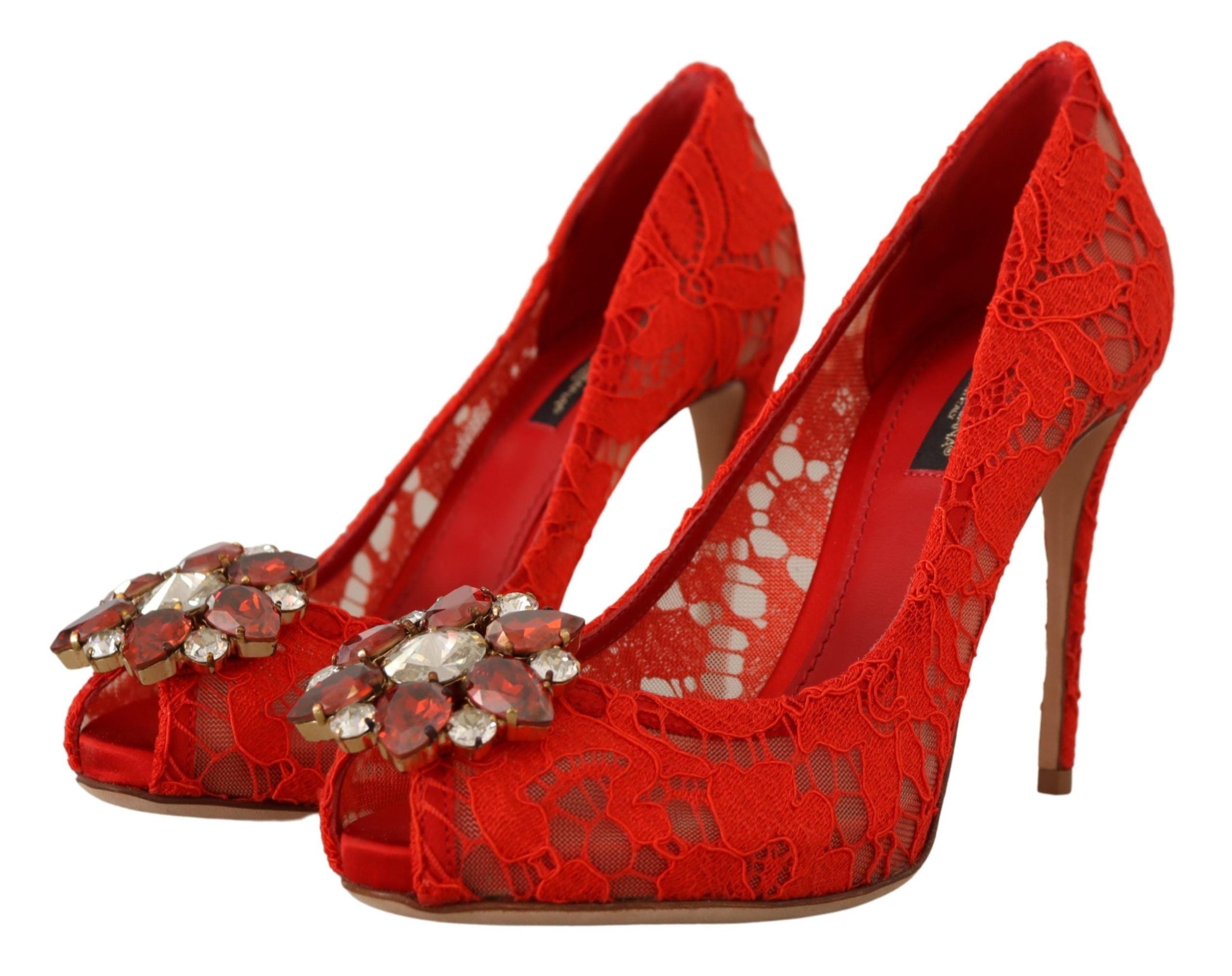 Red Taormina Lace Crystal Heels Pumps - ventzia