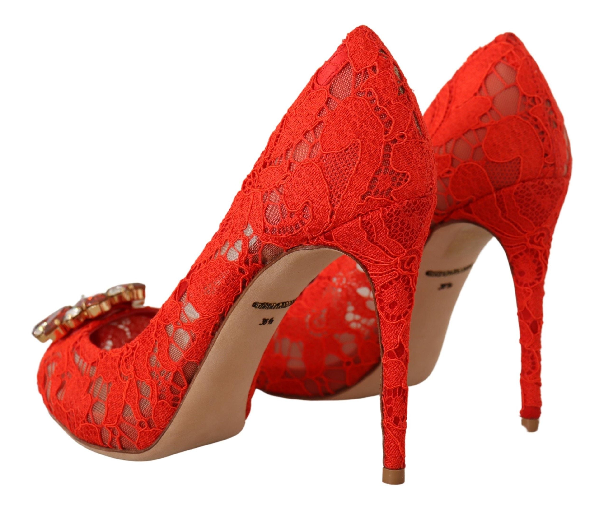 Red Taormina Lace Crystal Heels Pumps - ventzia