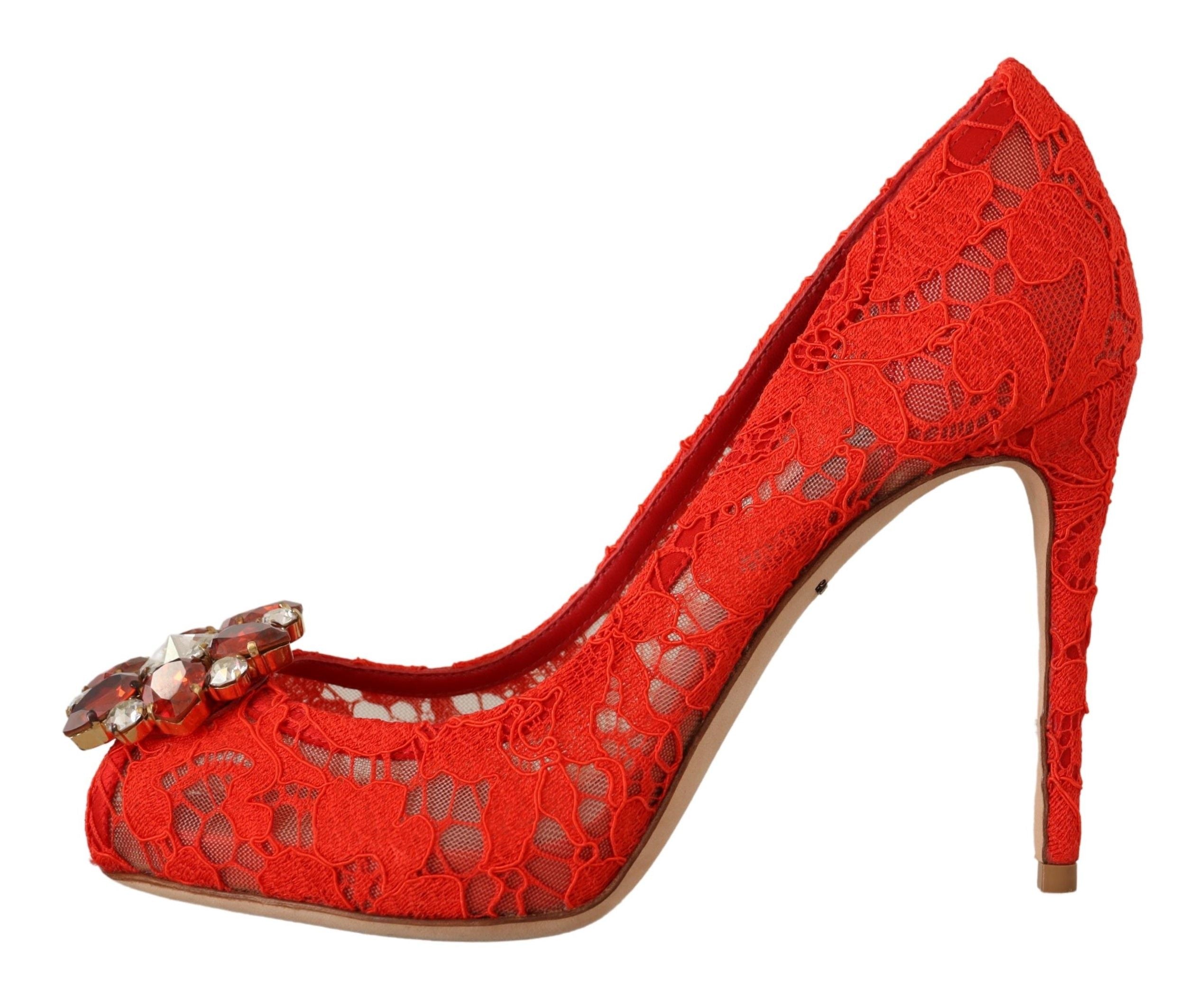 Red Taormina Lace Crystal Heels Pumps - ventzia