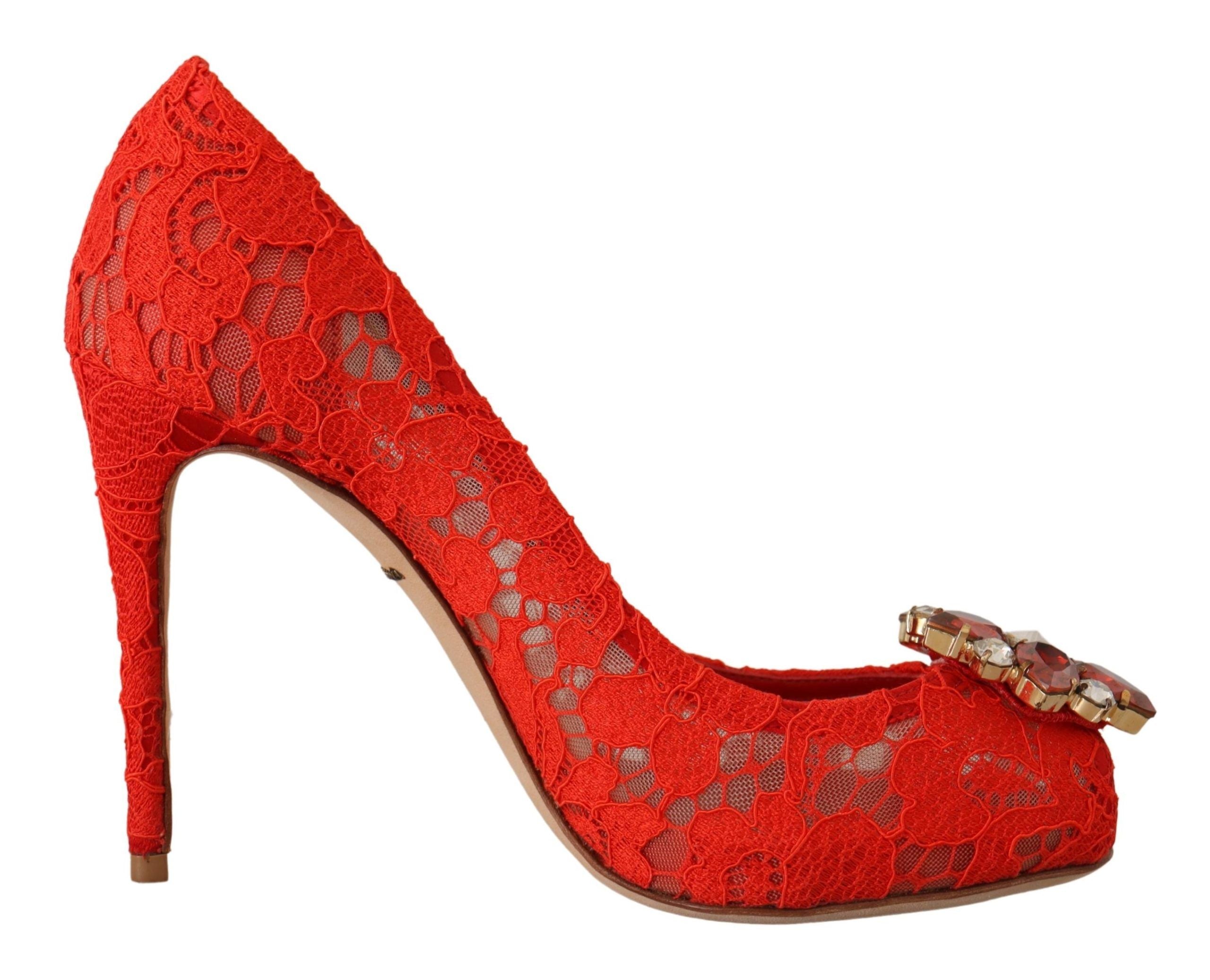 Red Taormina Lace Crystal Heels Pumps - ventzia