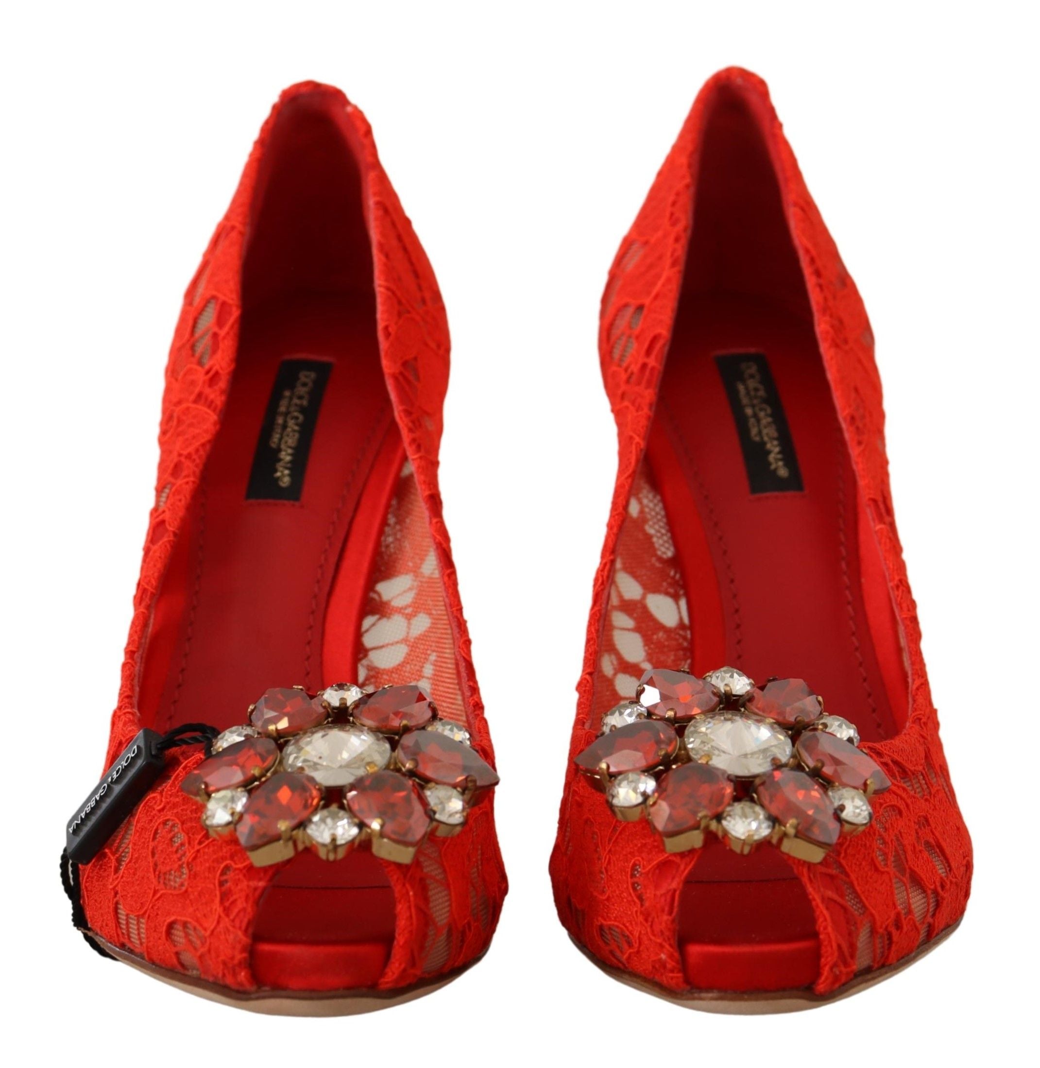 Red Taormina Lace Crystal Heels Pumps - ventzia