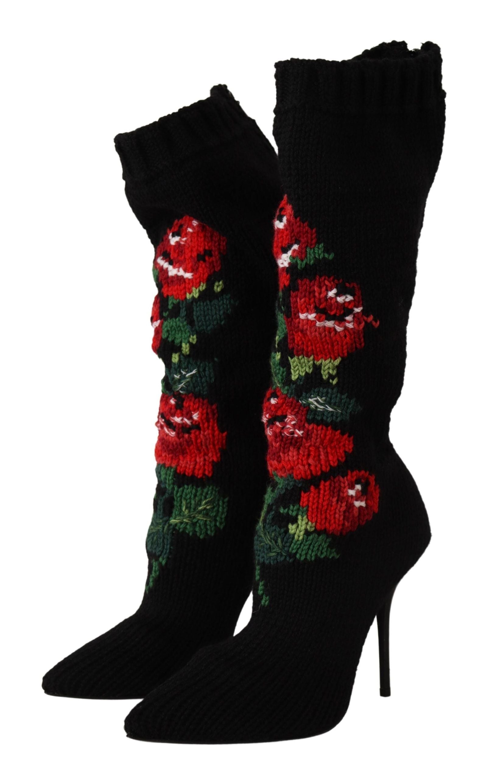Black Stretch Socks Red Roses Booties Shoes - ventzia