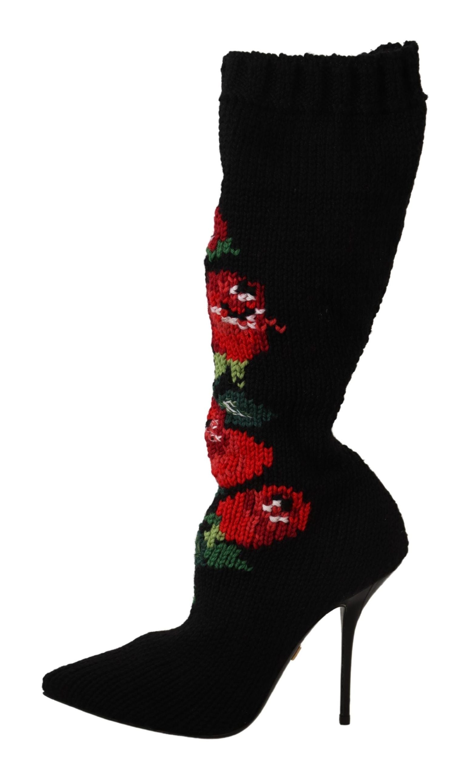 Black Stretch Socks Red Roses Booties Shoes - ventzia