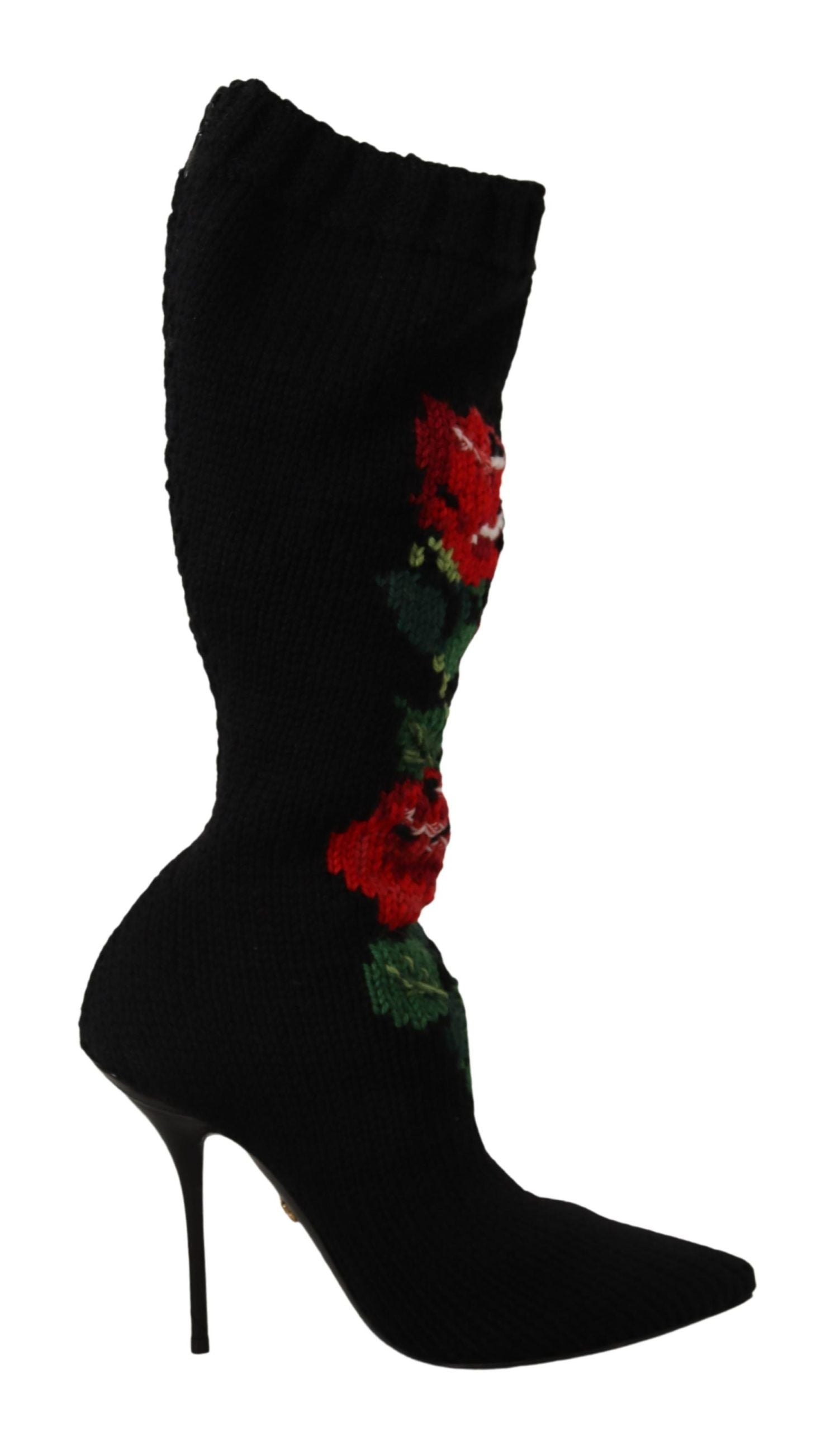 Black Stretch Socks Red Roses Booties Shoes - ventzia