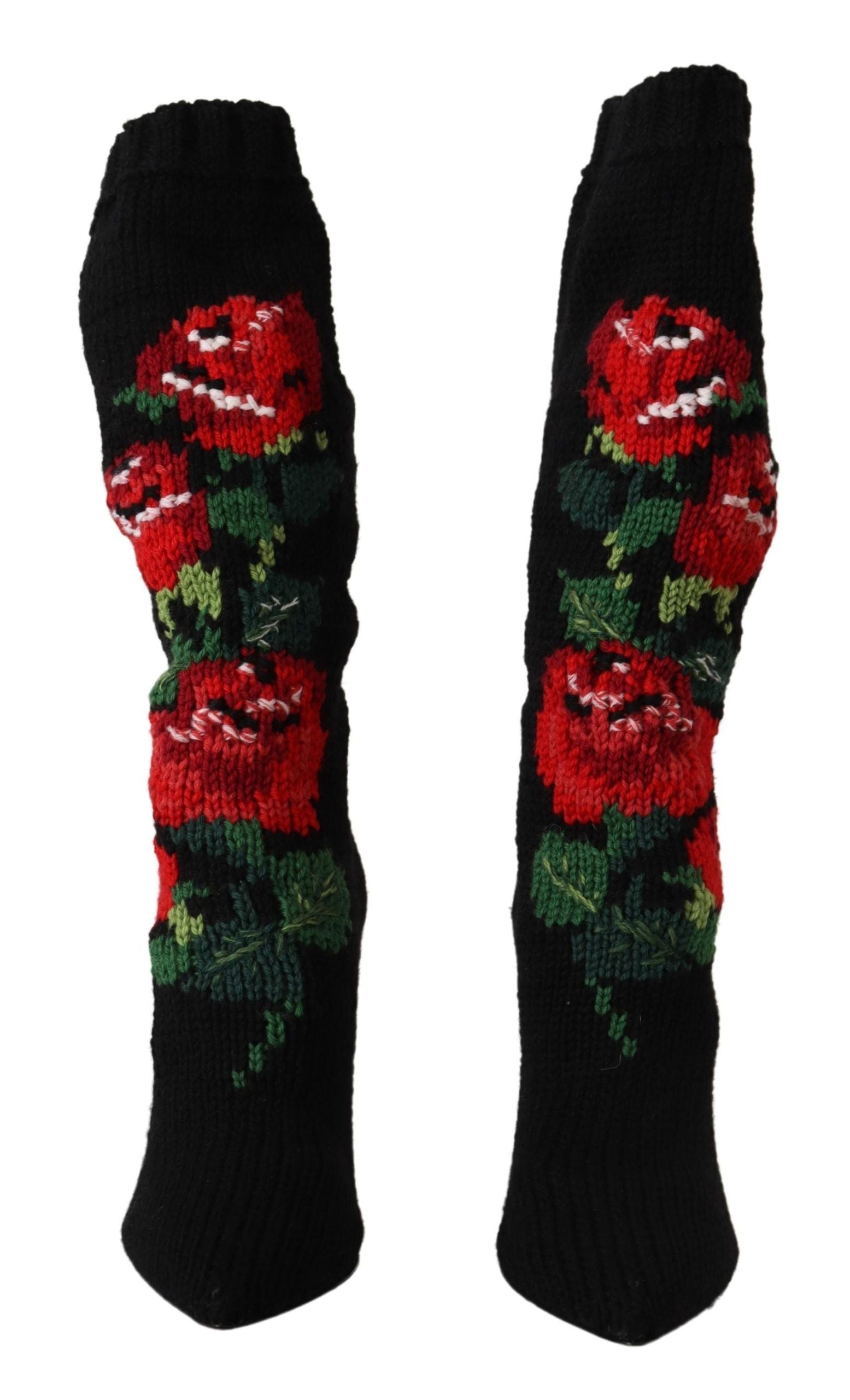 Black Stretch Socks Red Roses Booties Shoes - ventzia
