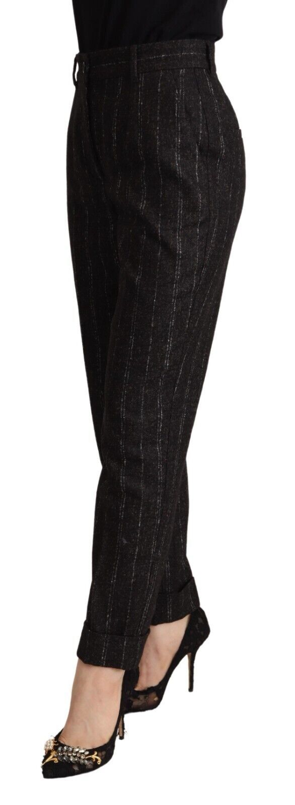 Black Striped High Waist Tapered Pants - ventzia
