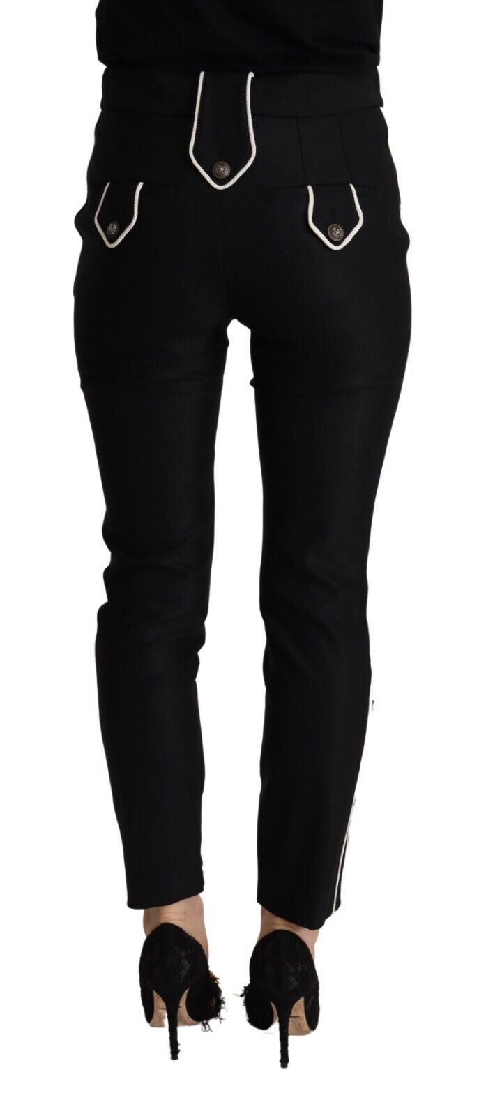 Black Mid Waist Button Embellished Slim Fit Pants - ventzia